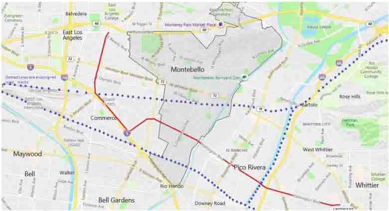 Mapa Del Proyecto.La ruta empieza en la calle 3 y Atlantic en el Este De Los Angeles y va de Atlantic hasta Telegraph Road, luego al este en la calle Washington Boulevard hasta la Cuidad de Whittier.